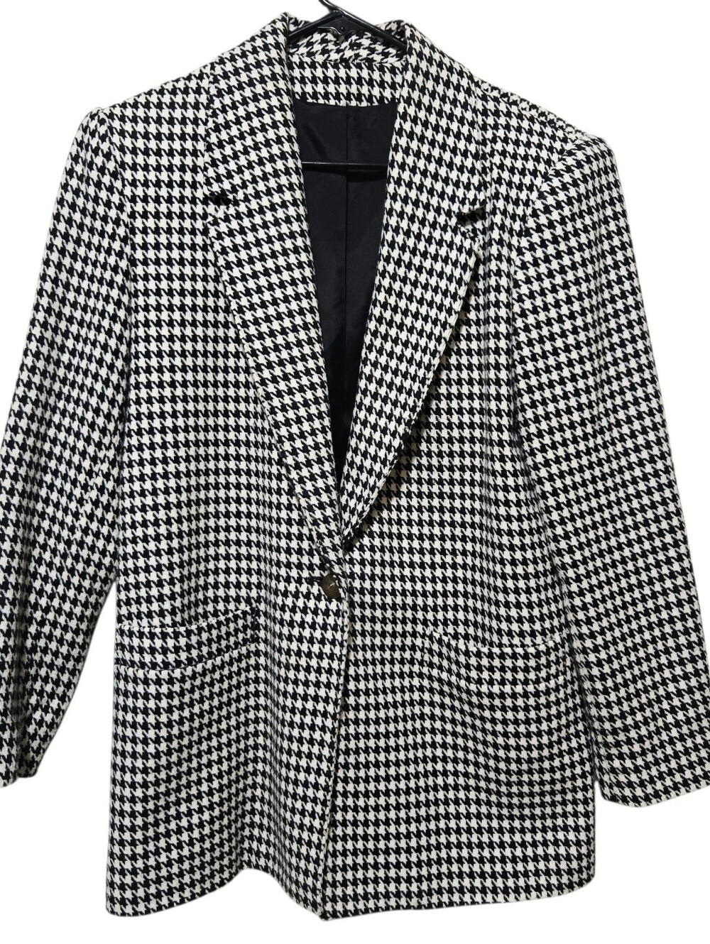 Vintage Houndstooth Single-Button Blazer - Black & Off White Wool Blend Sz 6
